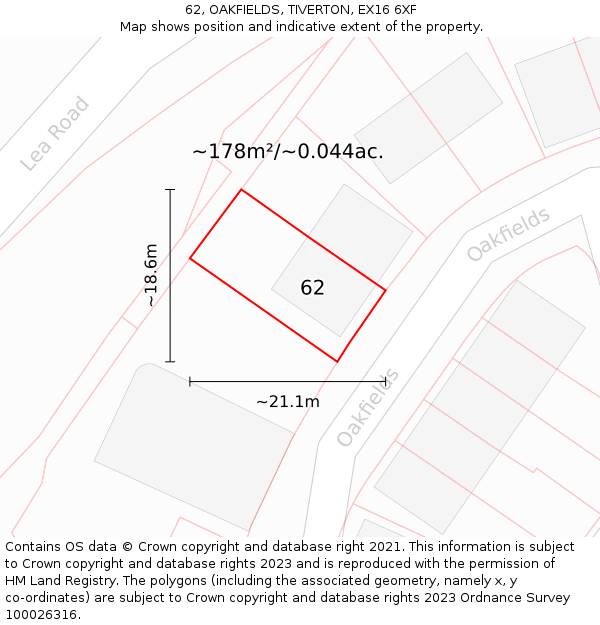 62, OAKFIELDS, TIVERTON, EX16 6XF: Plot and title map