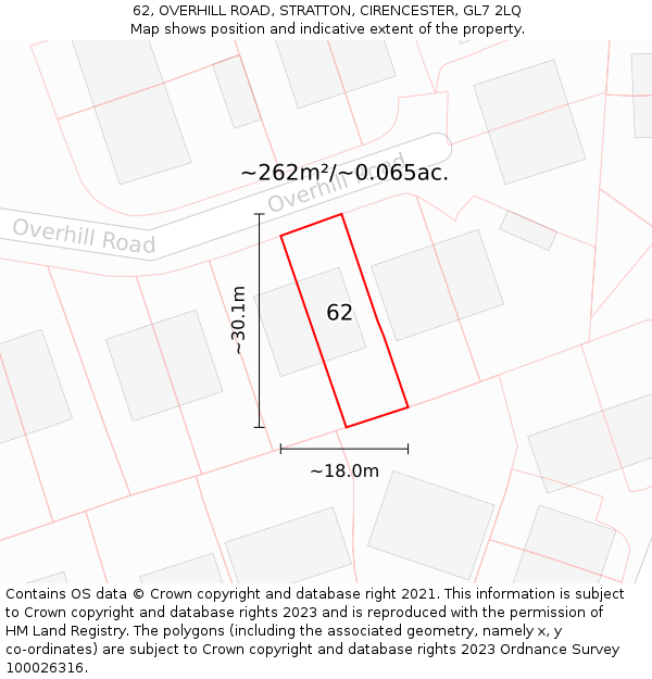62, OVERHILL ROAD, STRATTON, CIRENCESTER, GL7 2LQ: Plot and title map