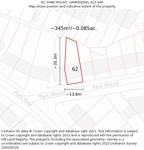 62, PARK MOUNT, HARPENDEN, AL5 3AR: Plot and title map