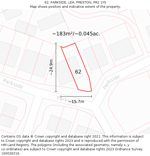 62, PARKSIDE, LEA, PRESTON, PR2 1YS: Plot and title map
