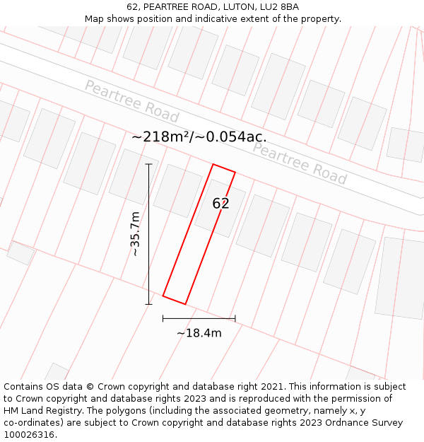 62, PEARTREE ROAD, LUTON, LU2 8BA: Plot and title map