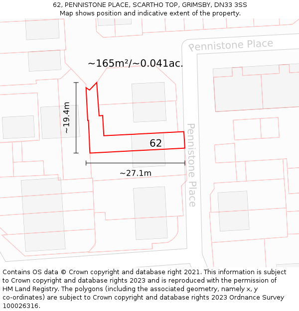 62, PENNISTONE PLACE, SCARTHO TOP, GRIMSBY, DN33 3SS: Plot and title map