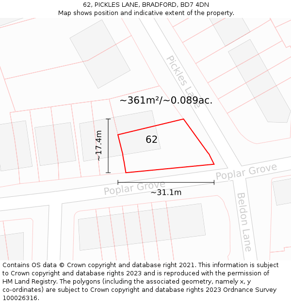 62, PICKLES LANE, BRADFORD, BD7 4DN: Plot and title map