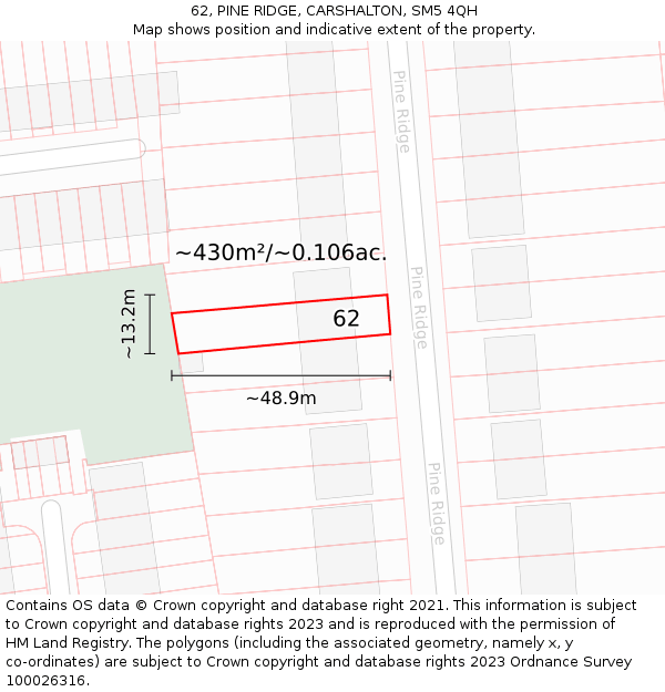 62, PINE RIDGE, CARSHALTON, SM5 4QH: Plot and title map