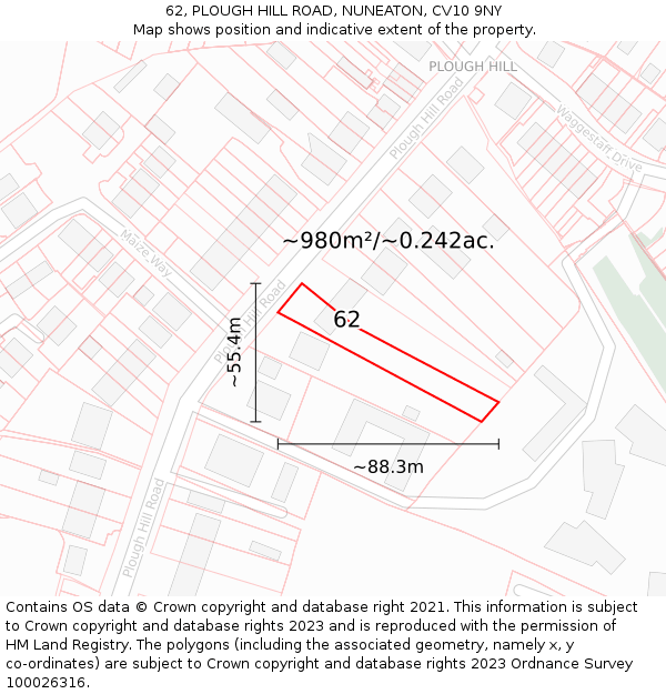 62, PLOUGH HILL ROAD, NUNEATON, CV10 9NY: Plot and title map