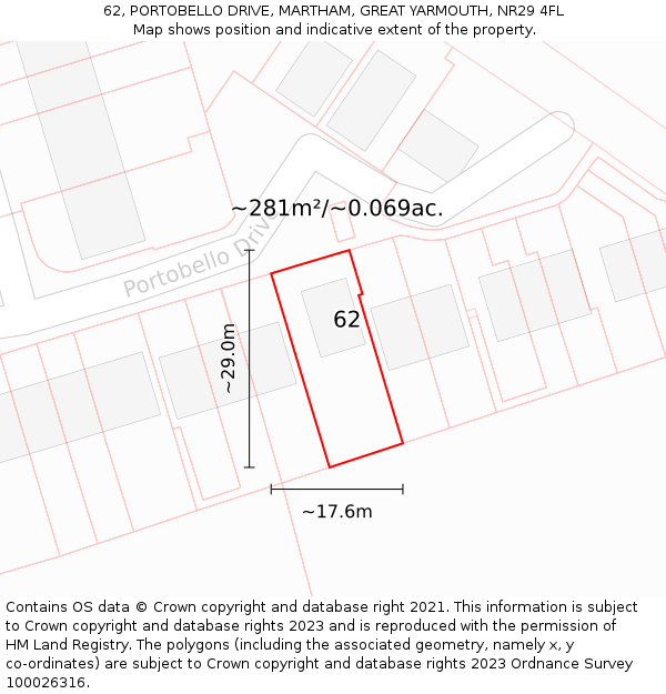 62, PORTOBELLO DRIVE, MARTHAM, GREAT YARMOUTH, NR29 4FL: Plot and title map