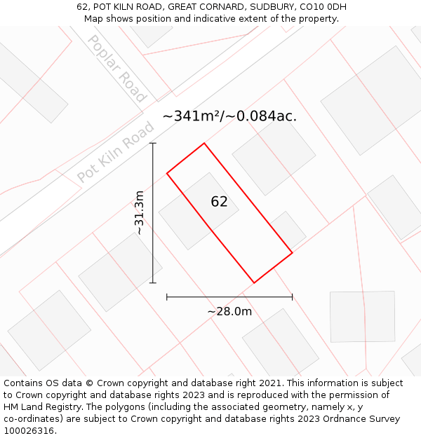62, POT KILN ROAD, GREAT CORNARD, SUDBURY, CO10 0DH: Plot and title map