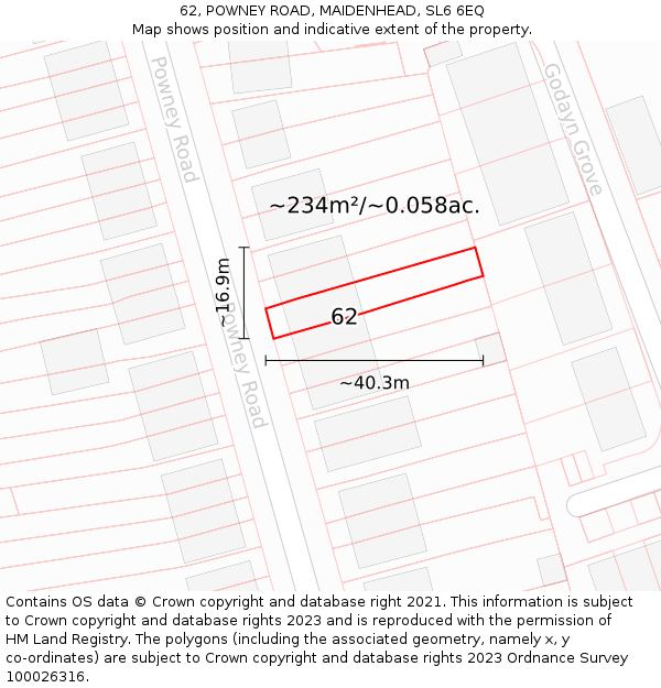 62, POWNEY ROAD, MAIDENHEAD, SL6 6EQ: Plot and title map