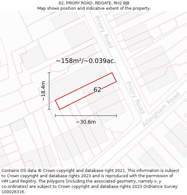 62, PRIORY ROAD, REIGATE, RH2 8JB: Plot and title map