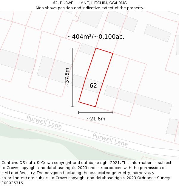62, PURWELL LANE, HITCHIN, SG4 0NG: Plot and title map