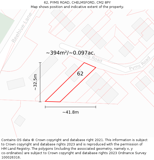 62, PYMS ROAD, CHELMSFORD, CM2 8PY: Plot and title map