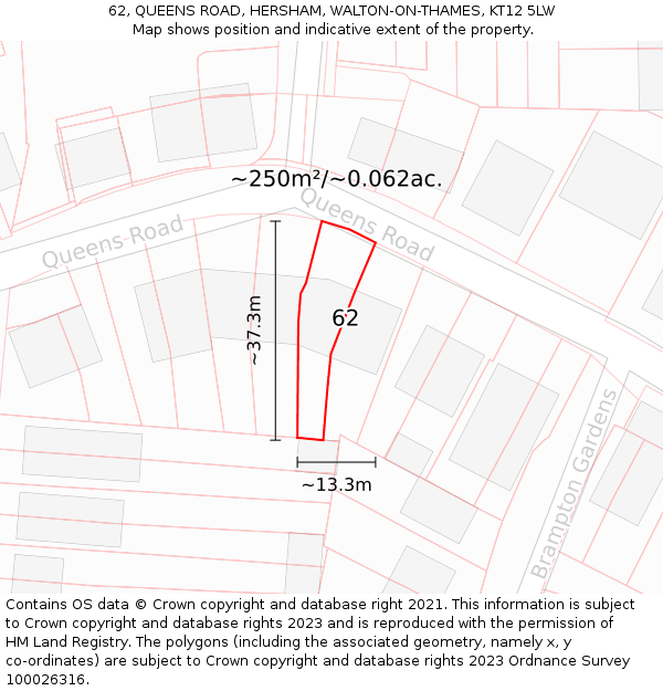 62, QUEENS ROAD, HERSHAM, WALTON-ON-THAMES, KT12 5LW: Plot and title map