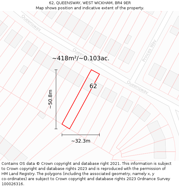 62, QUEENSWAY, WEST WICKHAM, BR4 9ER: Plot and title map