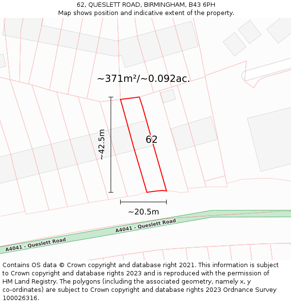62, QUESLETT ROAD, BIRMINGHAM, B43 6PH: Plot and title map