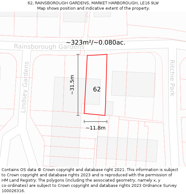 62, RAINSBOROUGH GARDENS, MARKET HARBOROUGH, LE16 9LW: Plot and title map