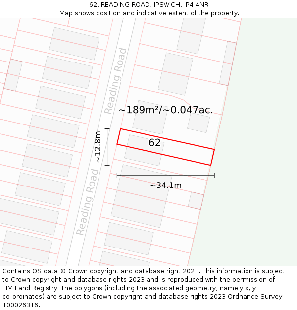 62, READING ROAD, IPSWICH, IP4 4NR: Plot and title map