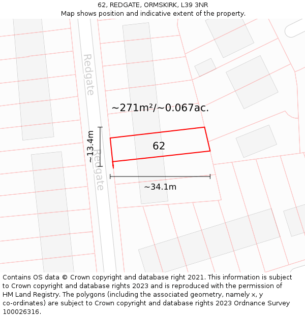 62, REDGATE, ORMSKIRK, L39 3NR: Plot and title map