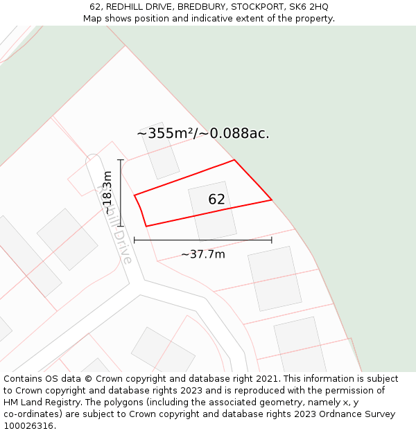 62, REDHILL DRIVE, BREDBURY, STOCKPORT, SK6 2HQ: Plot and title map
