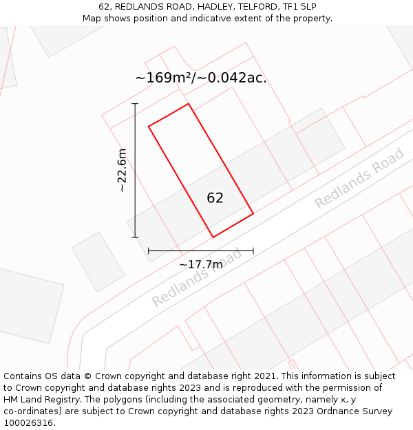 62, REDLANDS ROAD, HADLEY, TELFORD, TF1 5LP: Plot and title map