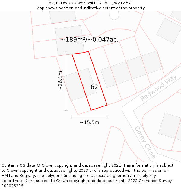 62, REDWOOD WAY, WILLENHALL, WV12 5YL: Plot and title map