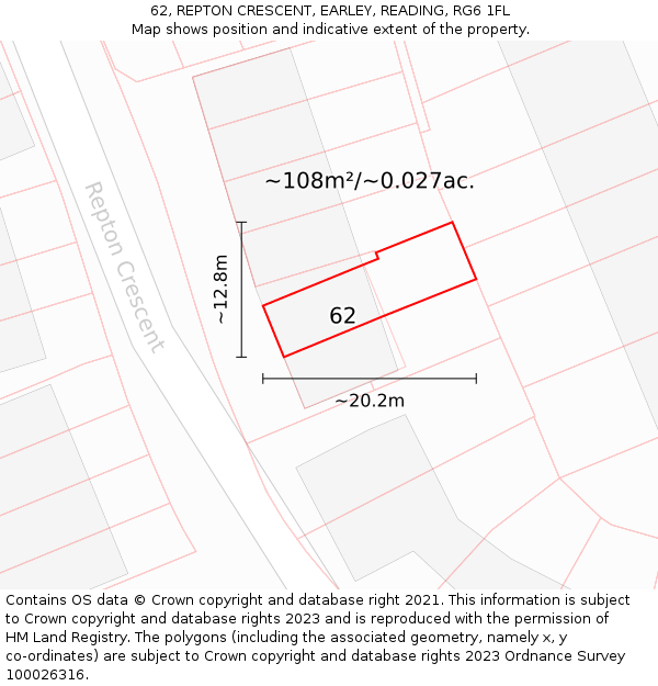 62, REPTON CRESCENT, EARLEY, READING, RG6 1FL: Plot and title map