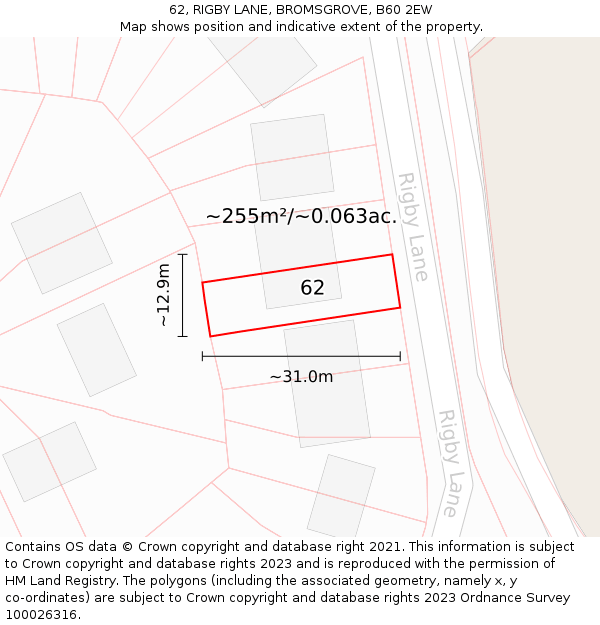 62, RIGBY LANE, BROMSGROVE, B60 2EW: Plot and title map
