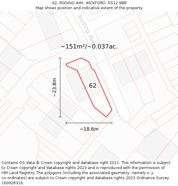 62, RODING WAY, WICKFORD, SS12 9BB: Plot and title map