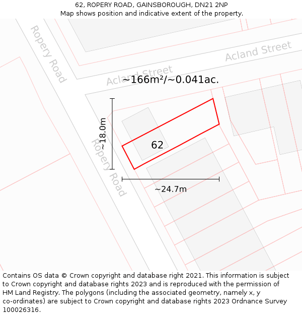 62, ROPERY ROAD, GAINSBOROUGH, DN21 2NP: Plot and title map