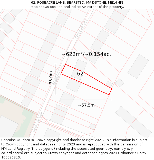 62, ROSEACRE LANE, BEARSTED, MAIDSTONE, ME14 4JG: Plot and title map