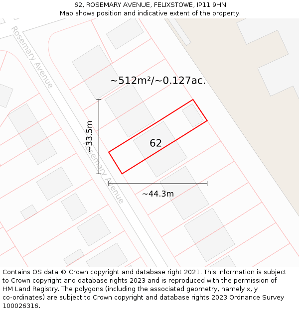 62, ROSEMARY AVENUE, FELIXSTOWE, IP11 9HN: Plot and title map