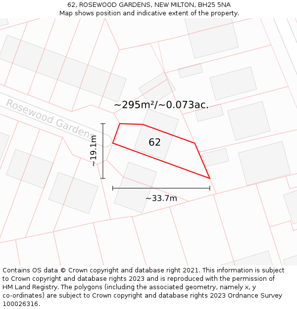 62, ROSEWOOD GARDENS, NEW MILTON, BH25 5NA: Plot and title map