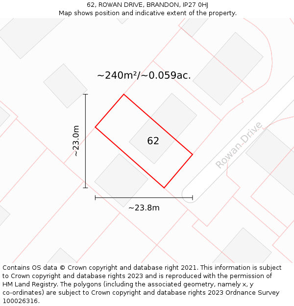 62, ROWAN DRIVE, BRANDON, IP27 0HJ: Plot and title map