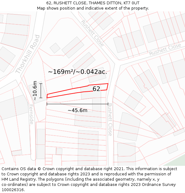 62, RUSHETT CLOSE, THAMES DITTON, KT7 0UT: Plot and title map