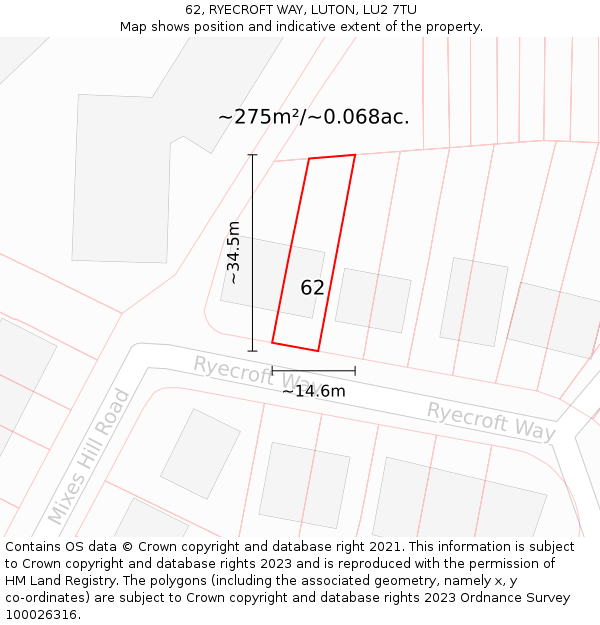 62, RYECROFT WAY, LUTON, LU2 7TU: Plot and title map