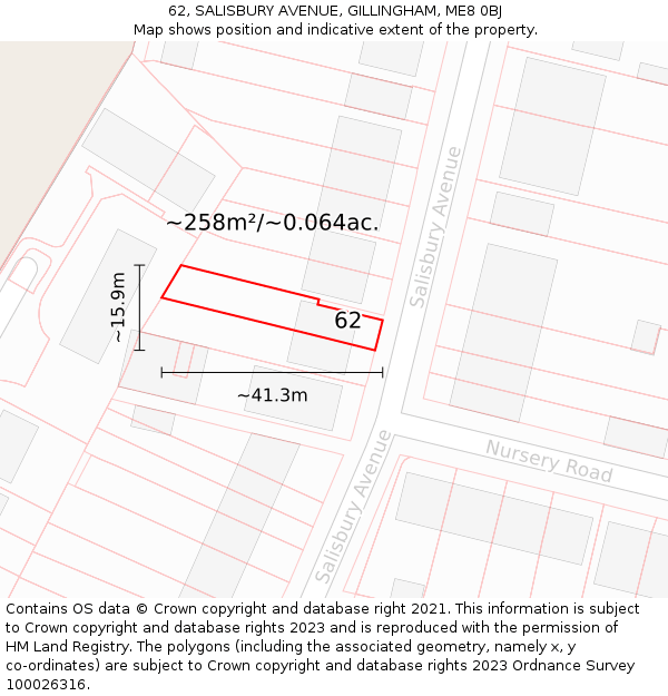62, SALISBURY AVENUE, GILLINGHAM, ME8 0BJ: Plot and title map