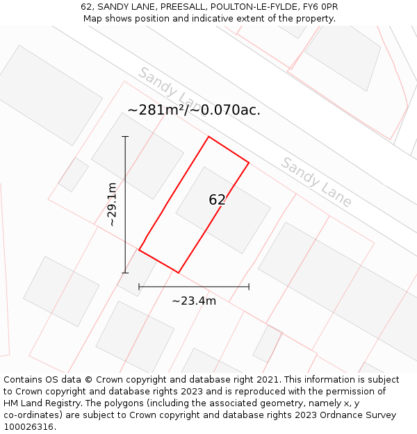 62, SANDY LANE, PREESALL, POULTON-LE-FYLDE, FY6 0PR: Plot and title map