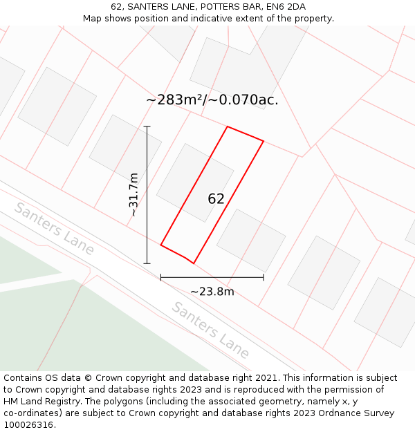62, SANTERS LANE, POTTERS BAR, EN6 2DA: Plot and title map