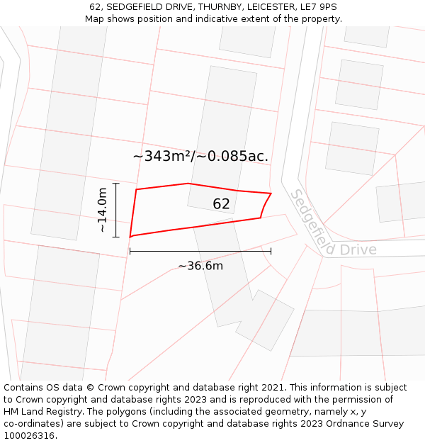 62, SEDGEFIELD DRIVE, THURNBY, LEICESTER, LE7 9PS: Plot and title map