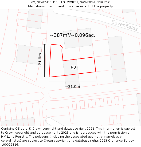 62, SEVENFIELDS, HIGHWORTH, SWINDON, SN6 7NG: Plot and title map