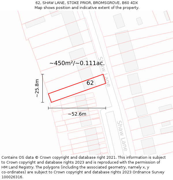 62, SHAW LANE, STOKE PRIOR, BROMSGROVE, B60 4DX: Plot and title map