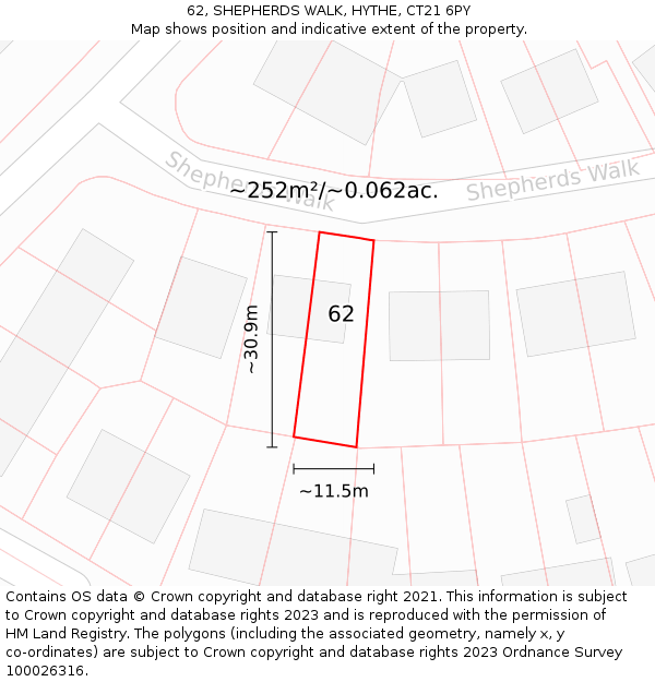 62, SHEPHERDS WALK, HYTHE, CT21 6PY: Plot and title map