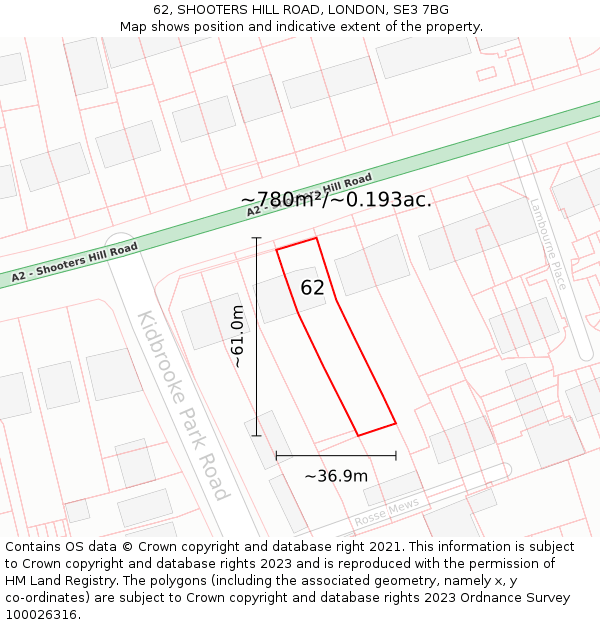 62, SHOOTERS HILL ROAD, LONDON, SE3 7BG: Plot and title map