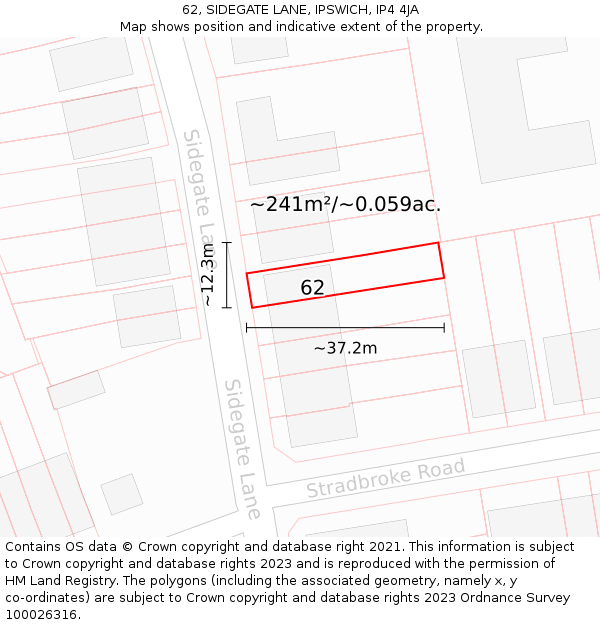 62, SIDEGATE LANE, IPSWICH, IP4 4JA: Plot and title map