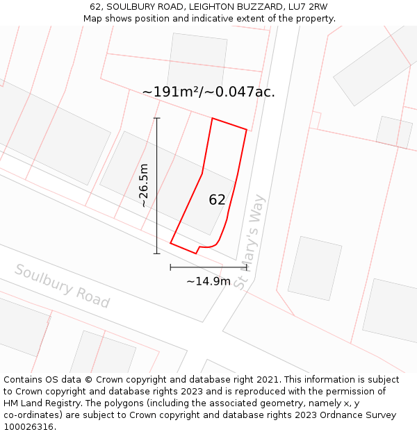 62, SOULBURY ROAD, LEIGHTON BUZZARD, LU7 2RW: Plot and title map