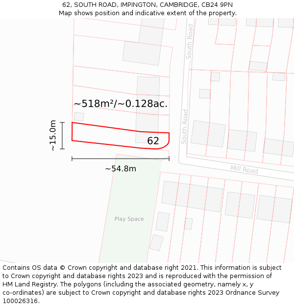 62, SOUTH ROAD, IMPINGTON, CAMBRIDGE, CB24 9PN: Plot and title map