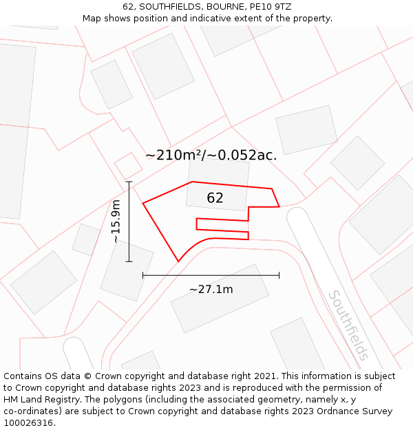 62, SOUTHFIELDS, BOURNE, PE10 9TZ: Plot and title map