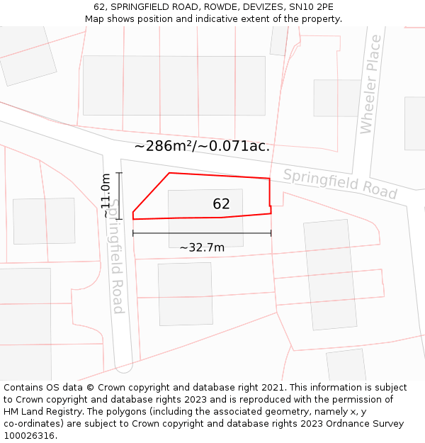 62, SPRINGFIELD ROAD, ROWDE, DEVIZES, SN10 2PE: Plot and title map