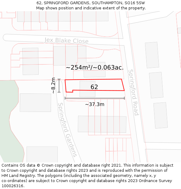 62, SPRINGFORD GARDENS, SOUTHAMPTON, SO16 5SW: Plot and title map