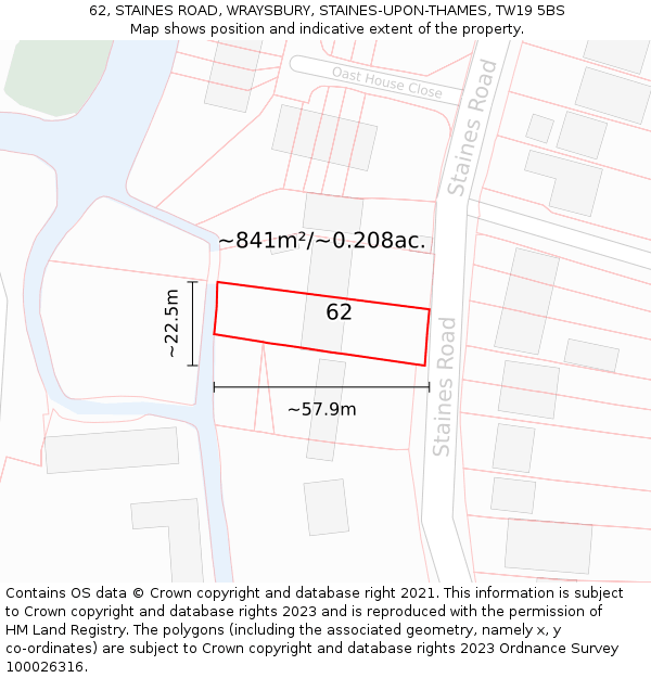 62, STAINES ROAD, WRAYSBURY, STAINES-UPON-THAMES, TW19 5BS: Plot and title map