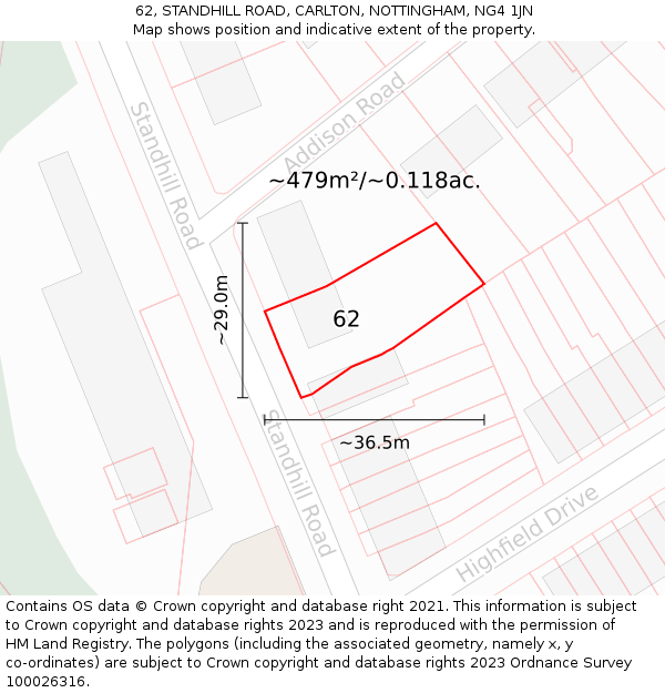 62, STANDHILL ROAD, CARLTON, NOTTINGHAM, NG4 1JN: Plot and title map